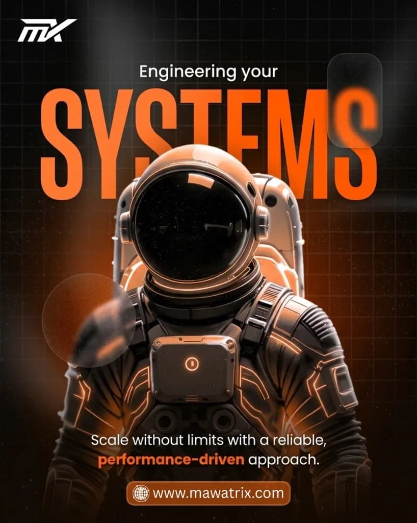 Mawatrix Technologies: engineering scalable systems with a performance-driven approach; astronaut hero with SYSTEMS headline.
